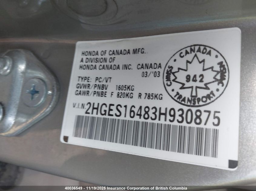 2003 Honda Civic Dx VIN: 2HGES16483H930875 Lot: 40036549