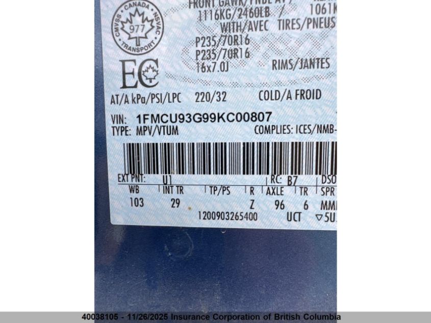 2009 Ford Escape Xlt VIN: 1FMCU93G99KC00807 Lot: 40038105