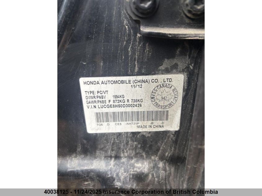 2013 Honda Fit VIN: LUCGE8H50D3002426 Lot: 40038125