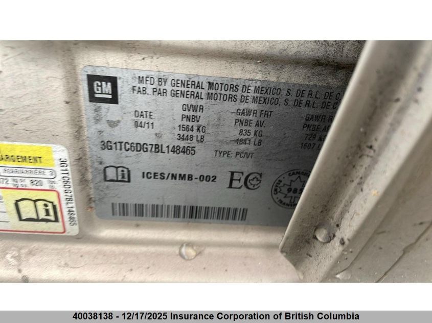 2011 Chevrolet Aveo VIN: 3G1TC6DG7BL148465 Lot: 40038138