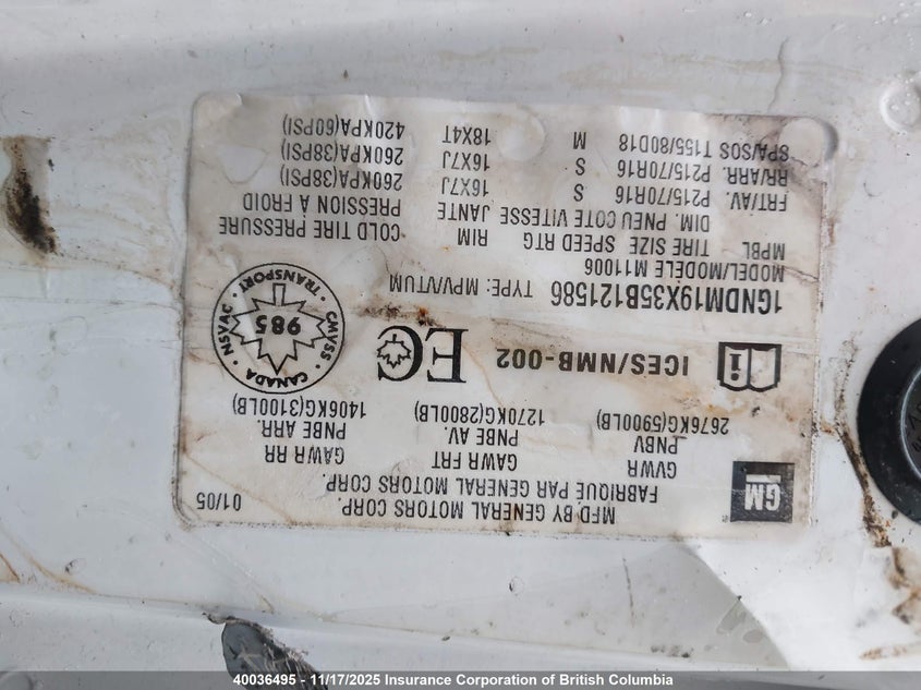 2005 Chevrolet Astro VIN: 1GNDM19X35B121586 Lot: 40036495