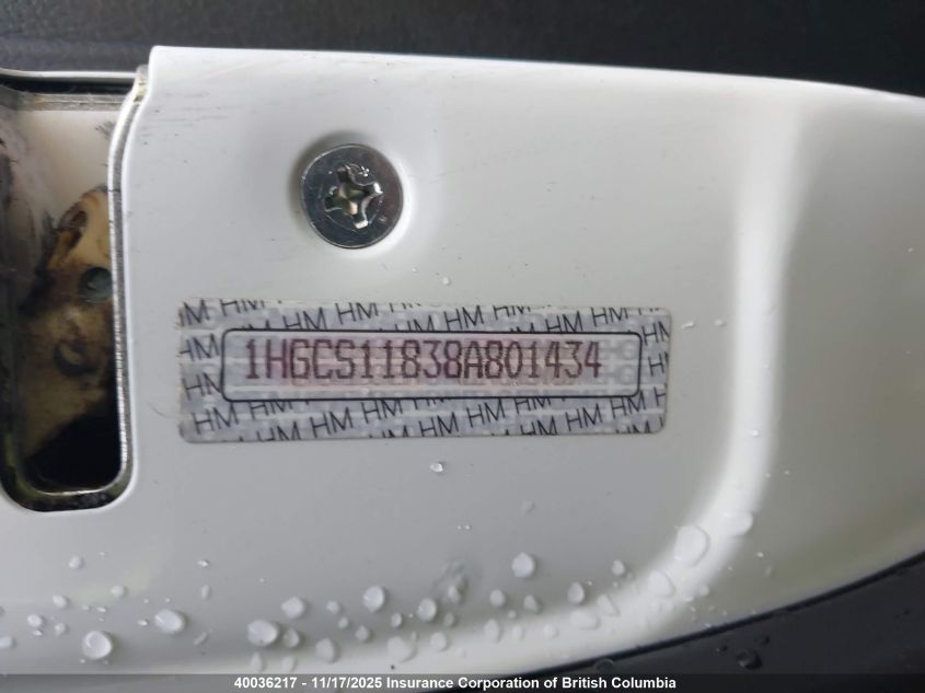 2008 Honda Accord Exl VIN: 1HGCS11838A801434 Lot: 40036217