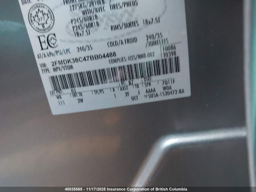 2007 Ford Edge Sel VIN: 2FMDK38C47BB04488 Lot: 40035565