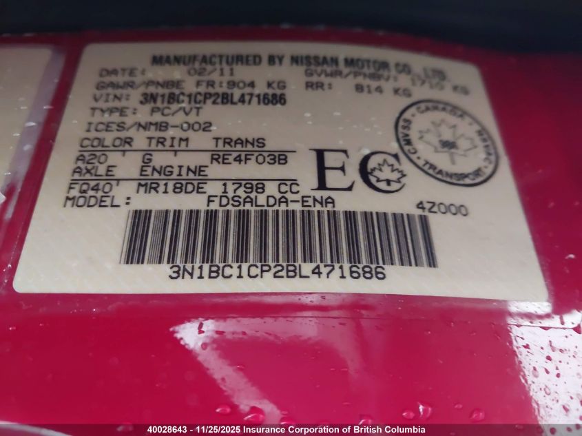2011 Nissan Versa S/Sl VIN: 3N1BC1CP2BL471686 Lot: 40028643