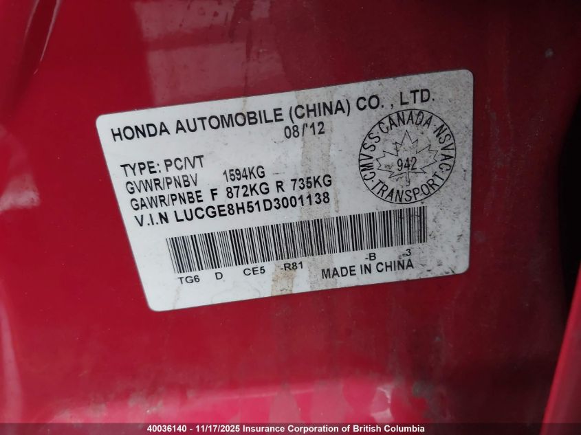 2013 Honda Fit Lx VIN: LUCGE8H51D3001138 Lot: 40036140