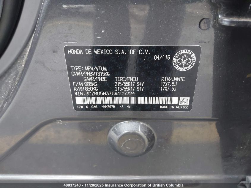 2016 Honda Hr-V Lx VIN: 3CZRU5H37GM105224 Lot: 40037240