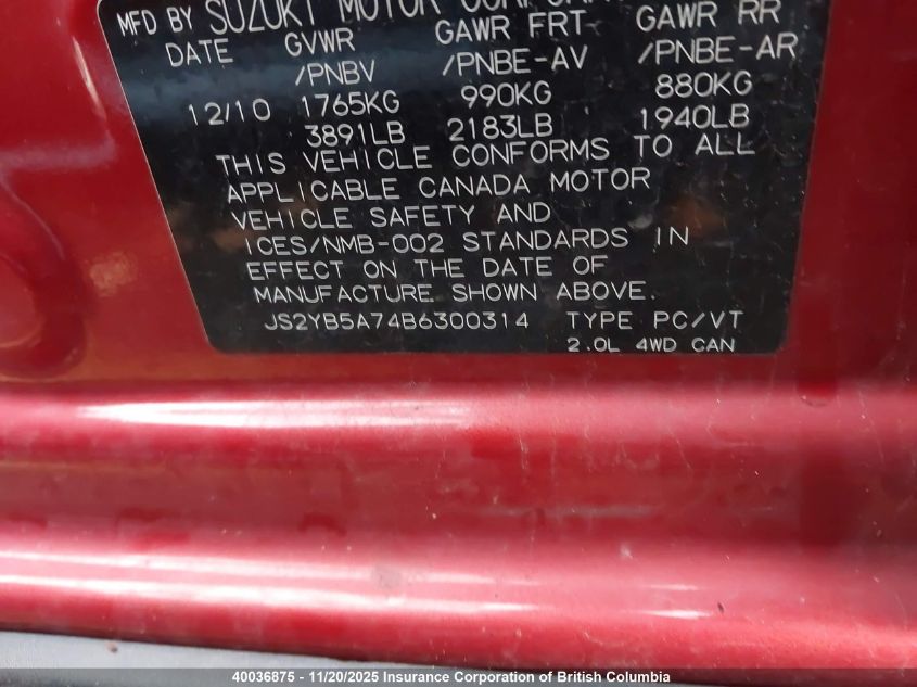 2011 Suzuki Sx4 Touring VIN: JS2YB5A74B6300314 Lot: 40036875