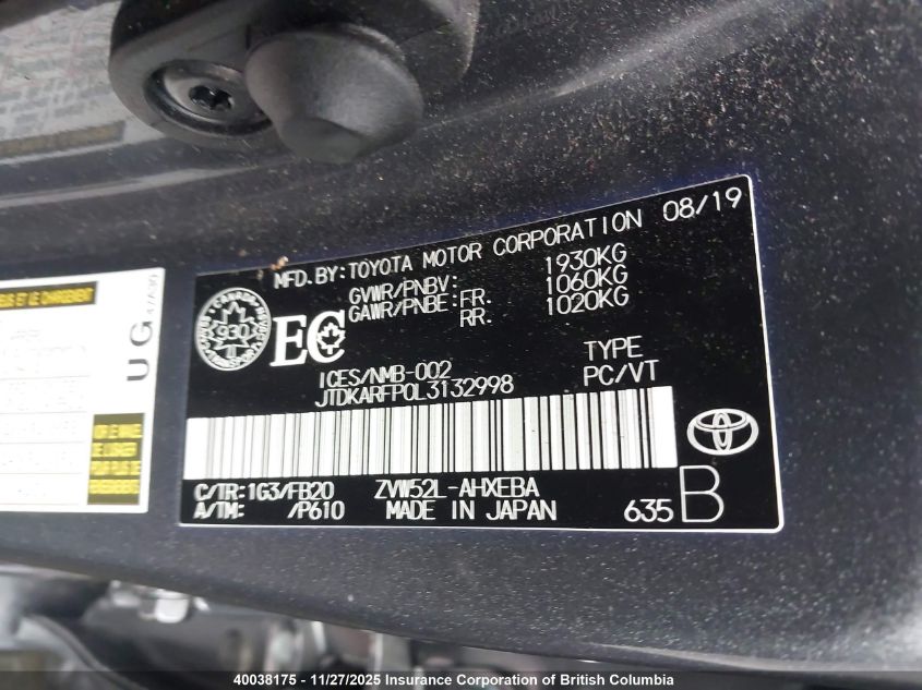 2020 Toyota Prius VIN: JTDKARFP0L3132998 Lot: 40038175