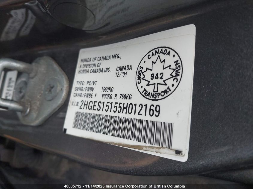 2005 Honda Civic Dx VIN: 2HGES15155H012169 Lot: 40035712