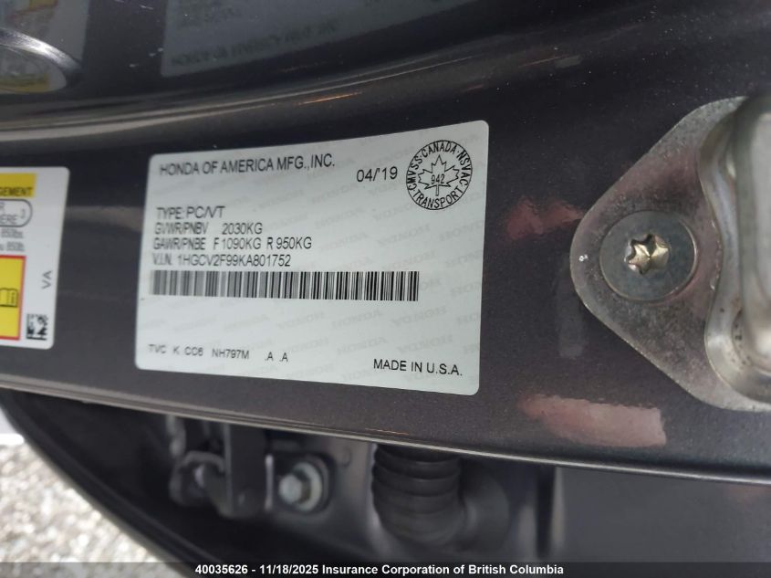 2019 Honda Accord Touring VIN: 1HGCV2F99KA801752 Lot: 40035626