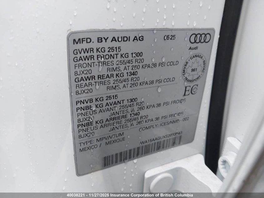 2025 Audi Q5 VIN: WA15AAGUXS2033543 Lot: 40038221