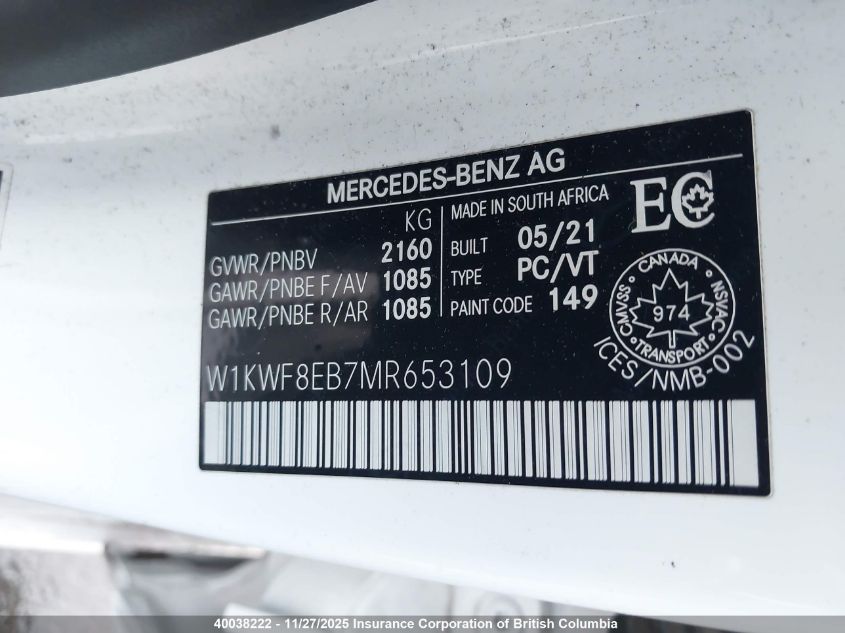 2021 Mercedes-Benz C 300 4Matic VIN: W1KWF8EB7MR653109 Lot: 40038222