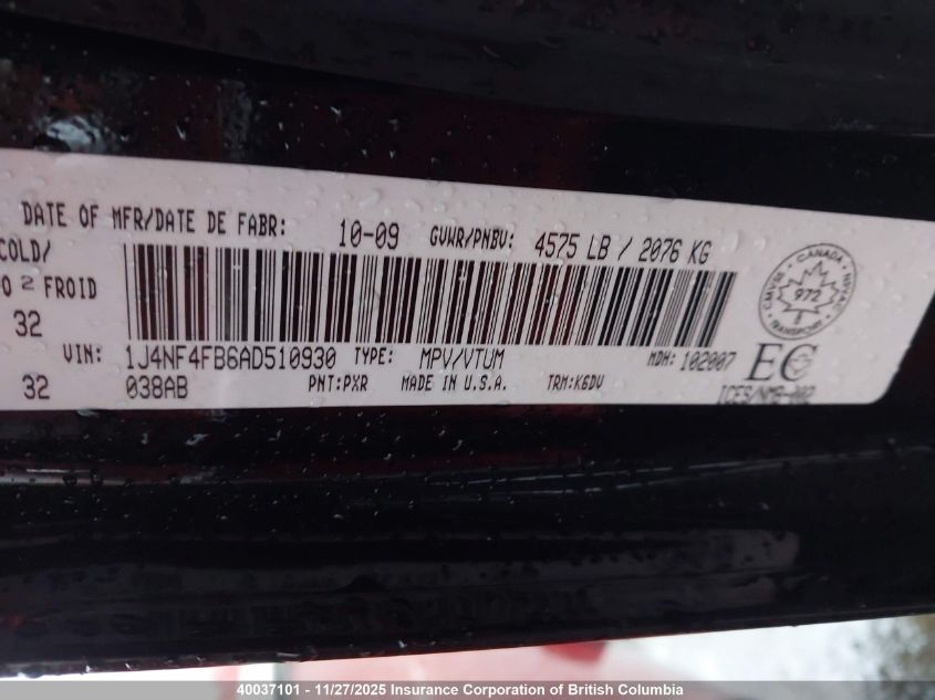 2010 Jeep Compass Sport VIN: 1J4NF4FB6AD510930 Lot: 40037101