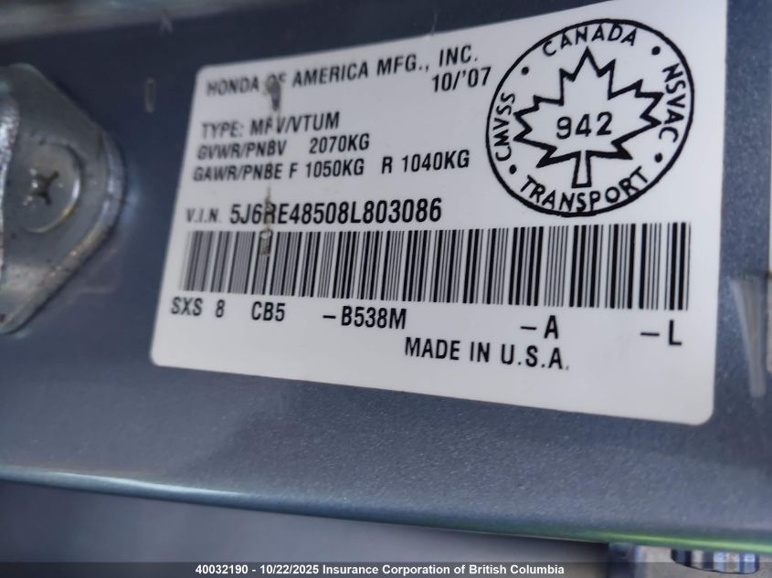 2008 Honda Cr-V Ex VIN: 5J6RE48508L803086 Lot: 40032190
