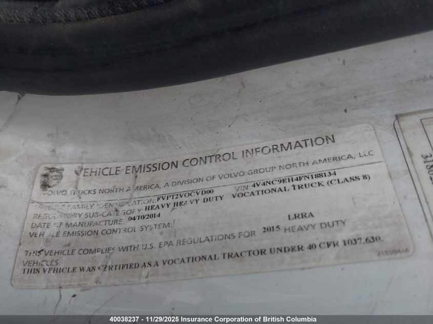 2015 Volvo Vn L VIN: 4V4NC9EH4FN188134 Lot: 40038237