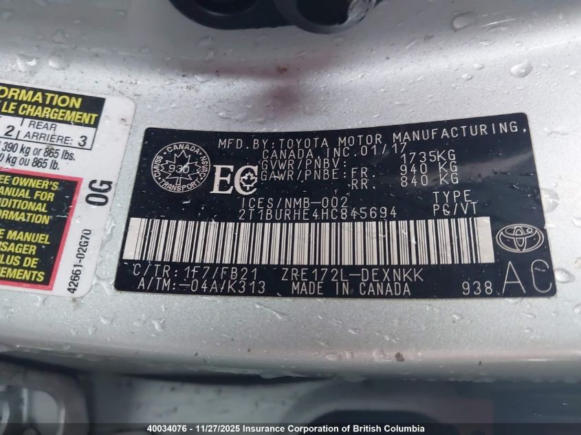 2017 Toyota Corolla L/Le/Xle/Se/Xse VIN: 2T1BURHE4HC845694 Lot: 40034076