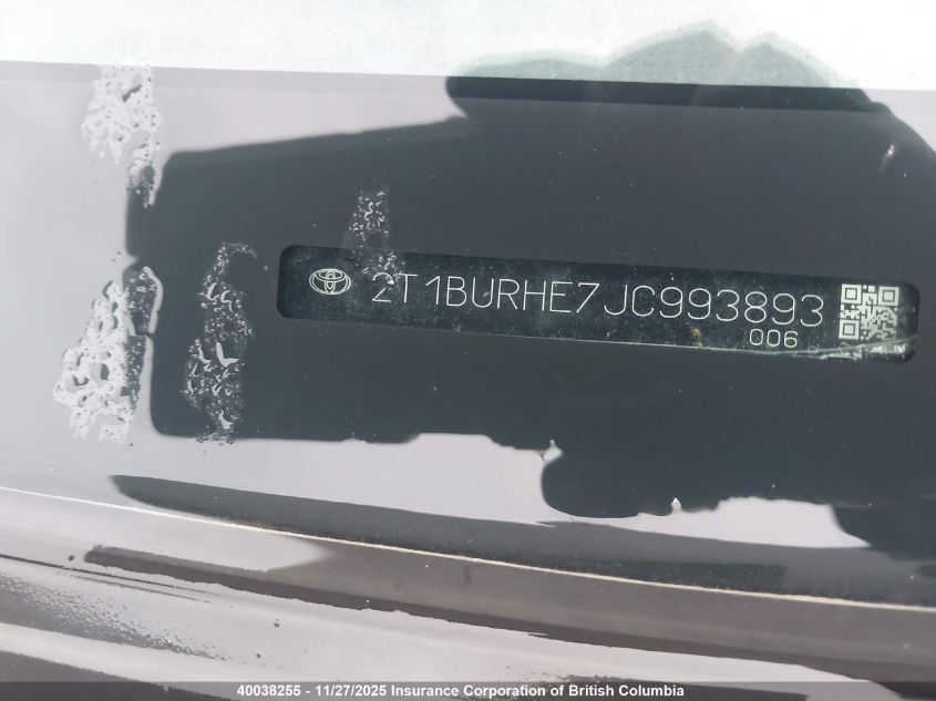 2018 Toyota Corolla L/Le/Xle/Se/Xse VIN: 2T1BURHE7JC993893 Lot: 40038255