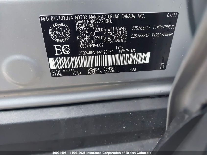 2022 Toyota Rav4 Xle VIN: 2T3RWRFV6NW129151 Lot: 40034495