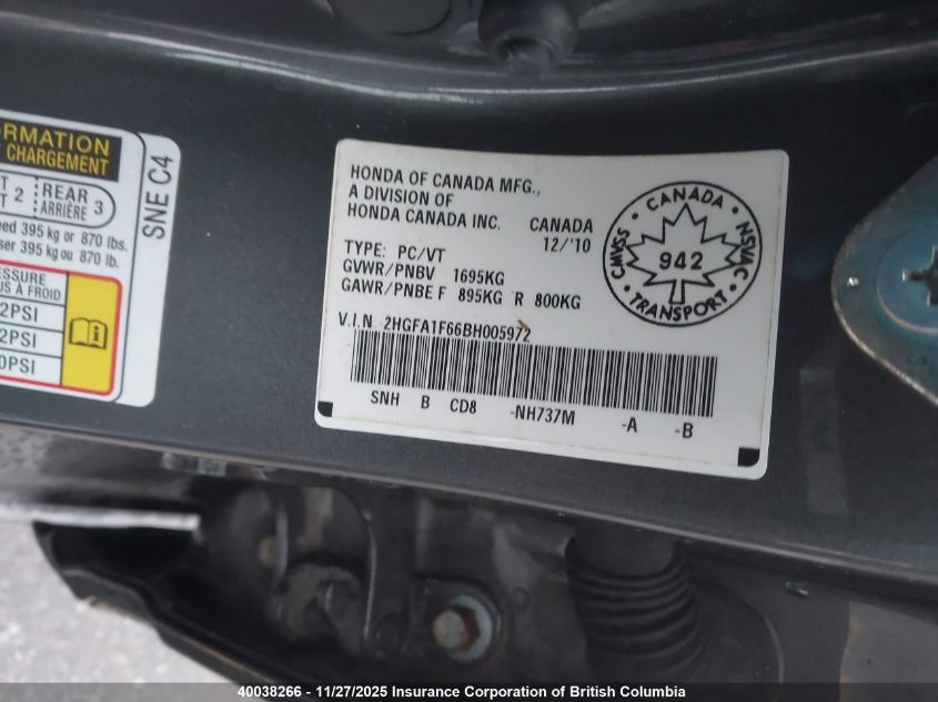 2011 Honda Civic VIN: 2HGFA1F66BH005972 Lot: 40038266