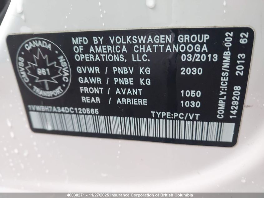 2013 Volkswagen Passat Se VIN: 1VWBH7A34DC120565 Lot: 40038271