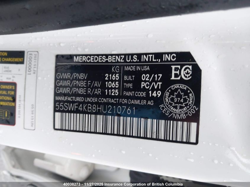 2017 Mercedes-Benz C 300 4Matic VIN: 55SWF4KB8HU210761 Lot: 40038273