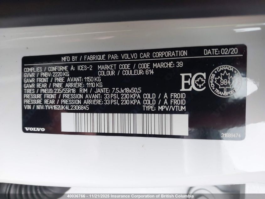 2020 Volvo Xc40 T5 Momentum VIN: YV4162UK4L2306845 Lot: 40036766