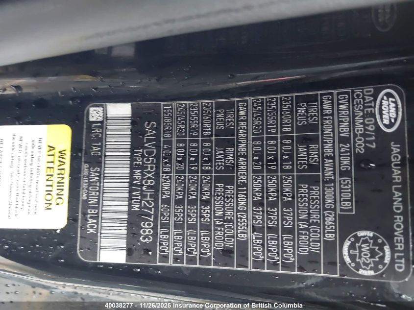 2018 Land Rover Range Rover Evoque Hse Dynamic VIN: SALVD5RX8JH277983 Lot: 40038277