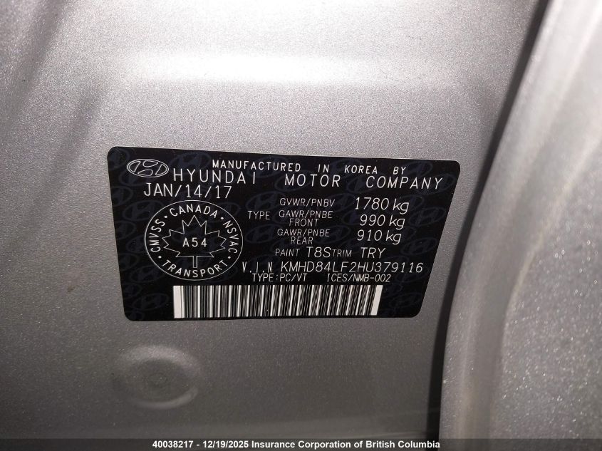 2017 Hyundai Elantra Gl VIN: KMHD84LF2HU379116 Lot: 40038217