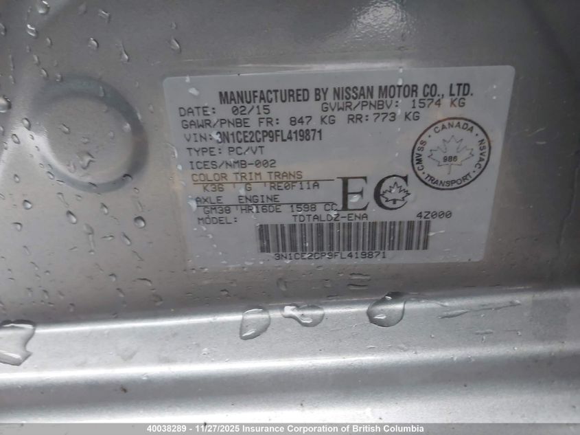 2015 Nissan Versa VIN: 3N1CE2CP9FL419871 Lot: 40038289