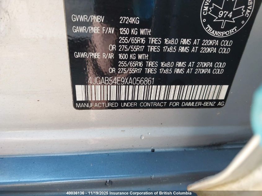 1999 Mercedes-Benz Ml 320 VIN: 4JGAB54E9XA056861 Lot: 40036136