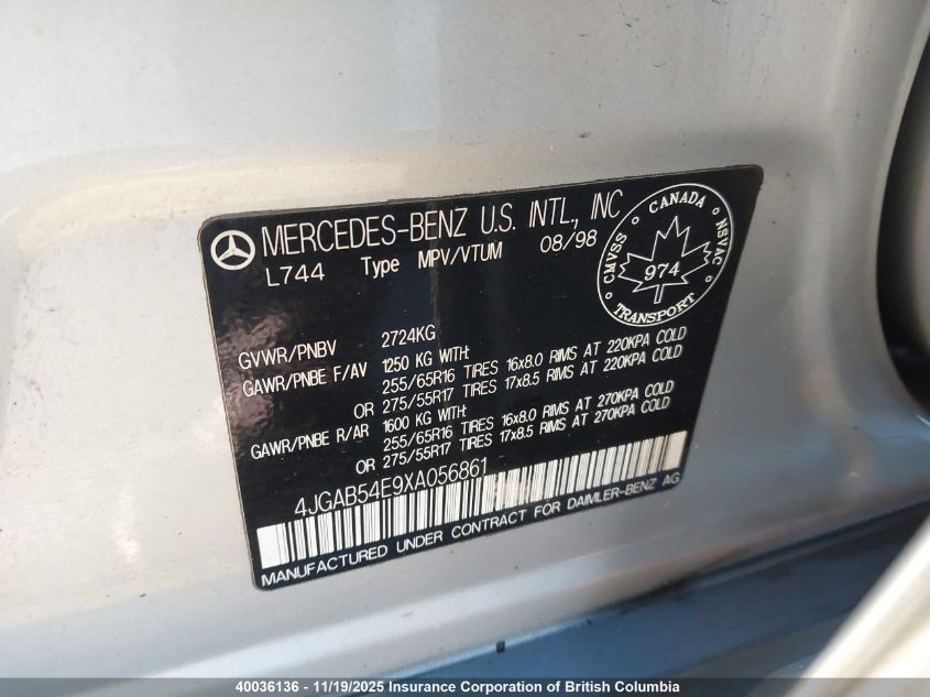 1999 Mercedes-Benz Ml 320 VIN: 4JGAB54E9XA056861 Lot: 40036136