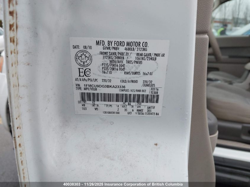 2011 Ford Escape Xlt VIN: 1FMCU9DG3BKA23336 Lot: 40038303