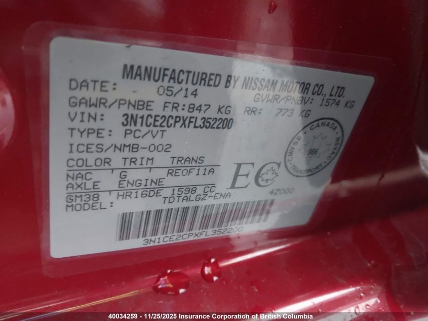 2015 Nissan Versa Note S/S Plus/Sv/Sl/Sr VIN: 3N1CE2CPXFL352200 Lot: 40034259