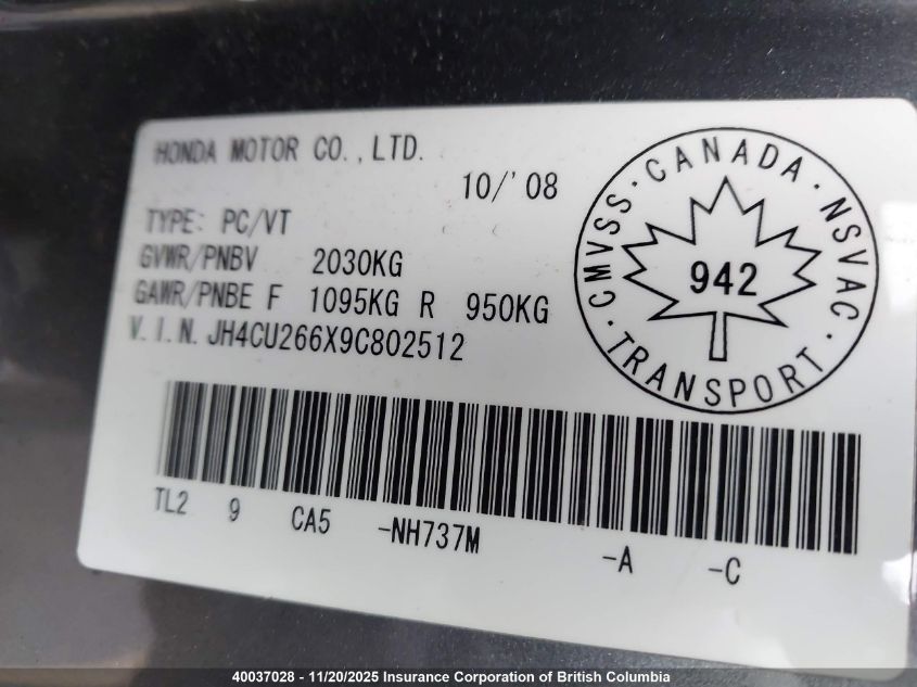 2009 Acura Tsx VIN: JH4CU266X9C802512 Lot: 40037028