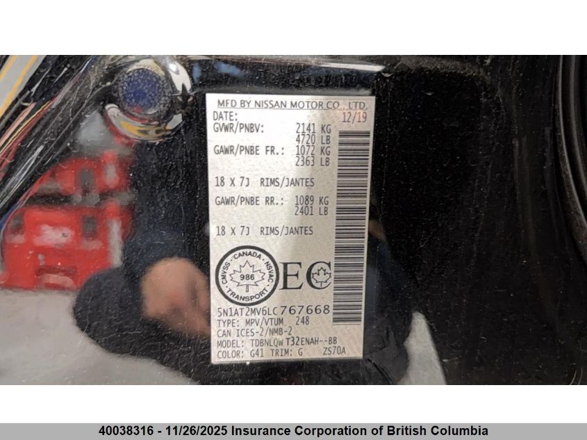 2020 Nissan Rogue VIN: 5N1AT2MV6LC767668 Lot: 40038316