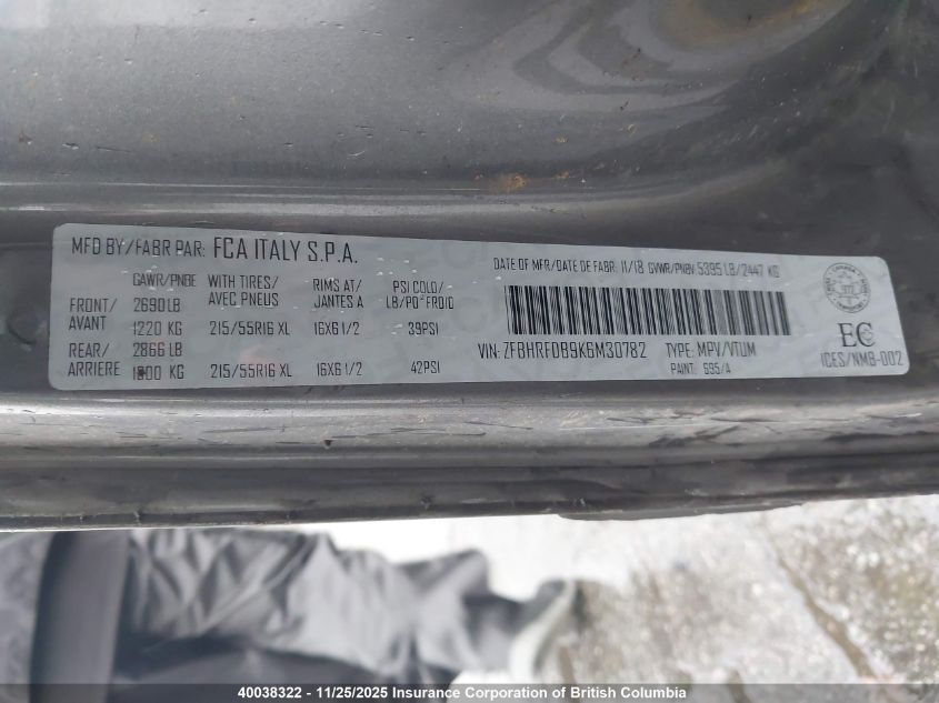 2019 Ram Promaster City Tradesman Slt VIN: ZFBHRFDB9K6M30782 Lot: 40038322