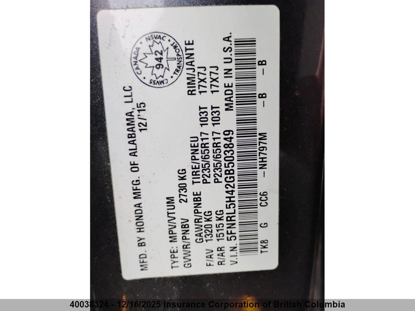 5FNRL5H42GB503849 2016 HONDA ODYSSEY photo no. 12