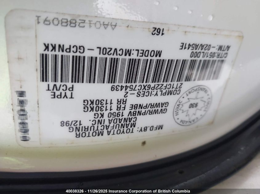 1999 Toyota Camry VIN: 2T1CF22P6XC754439 Lot: 40038326