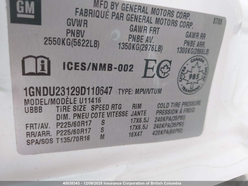 1GNDU23129D110647 2009 CHEVROLET UPLANDER photo no. 9