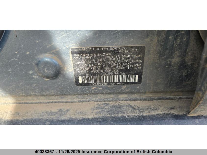 2011 Subaru Forester 2.5X VIN: JF2SHCBC3BH755756 Lot: 40038367