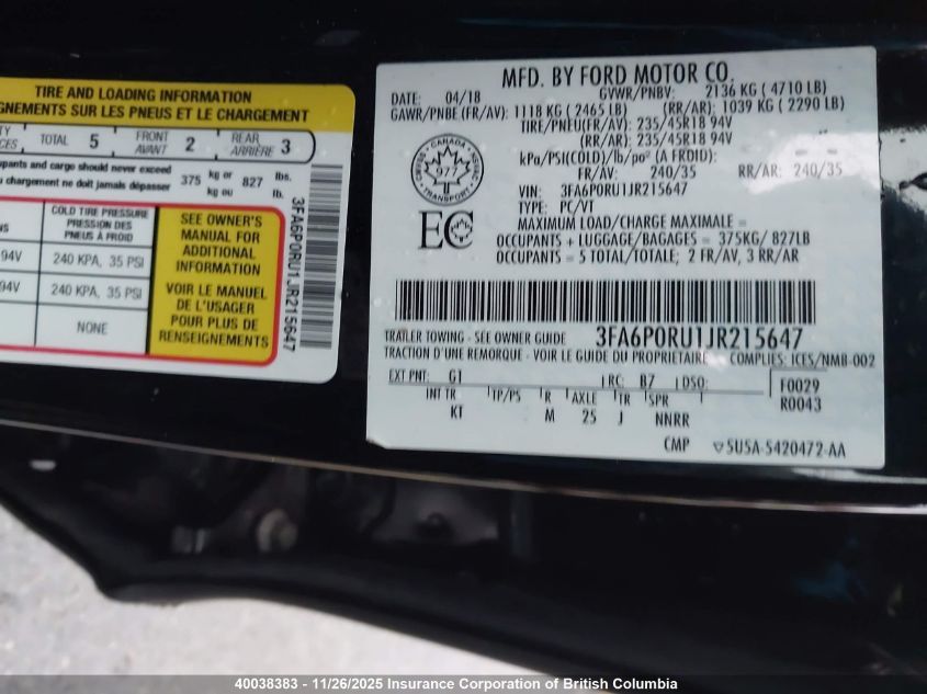 2018 Ford Fusion Titanium/Platinum Hev VIN: 3FA6P0RU1JR215647 Lot: 40038383