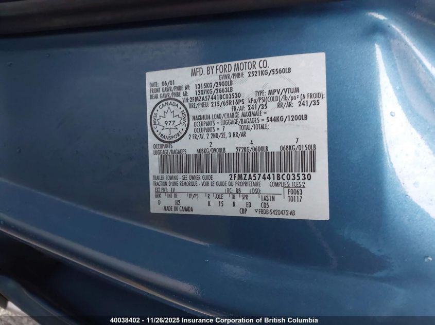 2001 Ford Windstar Se Sport VIN: 2FMZA57441BC03530 Lot: 40038402