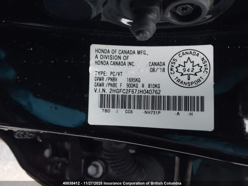 2018 Honda Civic VIN: 2HGFC2F67JH040762 Lot: 40038412