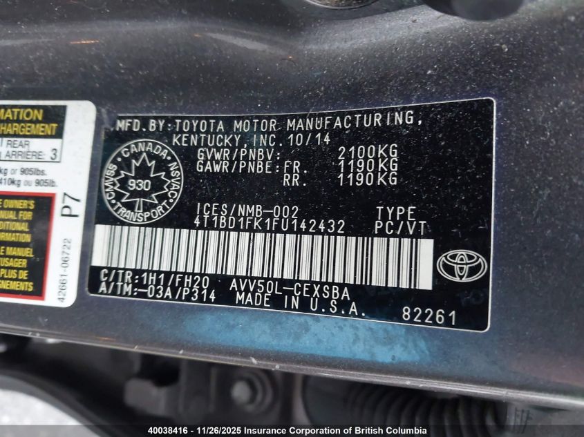 2015 Toyota Camry VIN: 4T1BD1FK1FU142432 Lot: 40038416