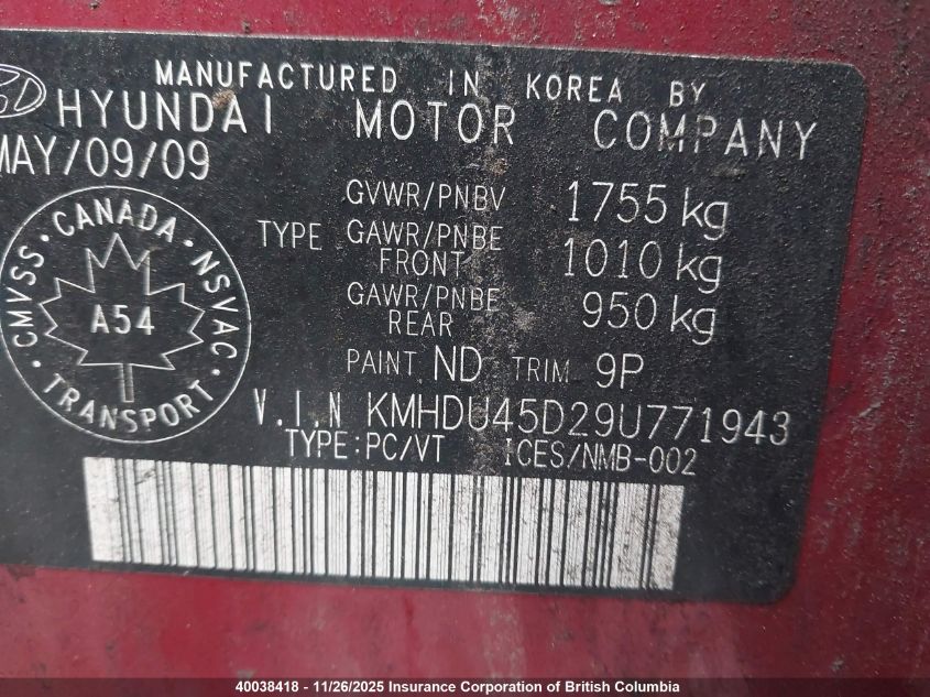 2009 Hyundai Elantra Gls/Se VIN: KMHDU45D29U771943 Lot: 40038418