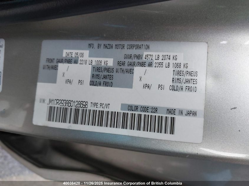 2006 Mazda 5 VIN: JM1CR293860128698 Lot: 40038420