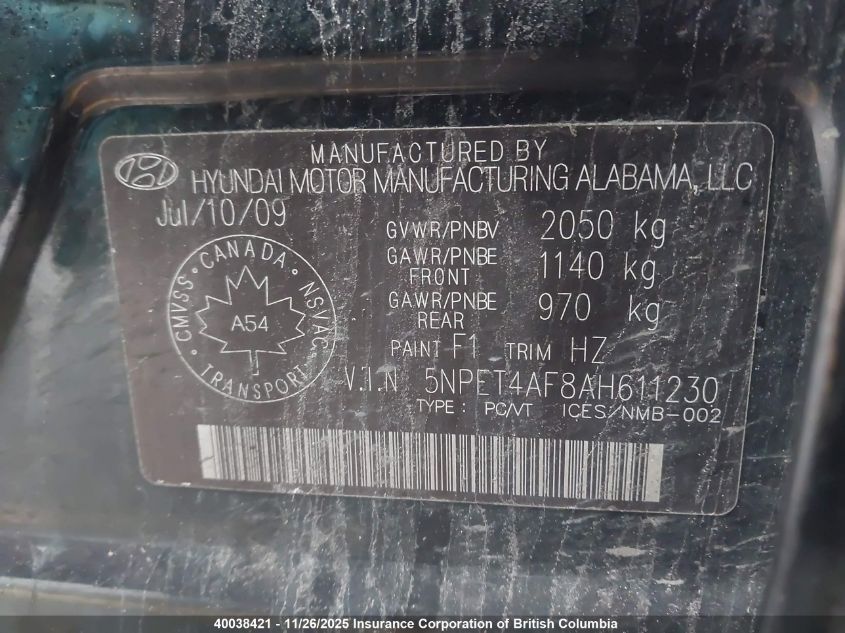 2010 Hyundai Sonata Gls VIN: 5NPET4AF8AH611230 Lot: 40038421