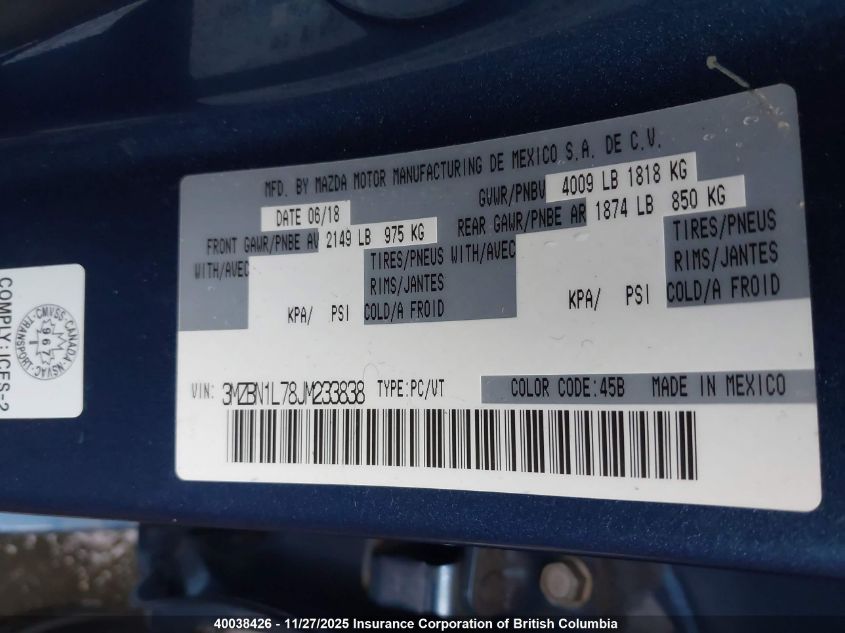 2018 Mazda 3 Touring VIN: 3MZBN1L78JM233838 Lot: 40038426