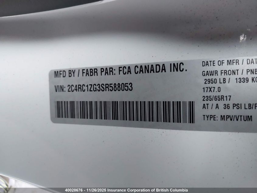 2025 Chrysler Grand Caravan Sxt VIN: 2C4RC1ZG3SR588053 Lot: 40028676