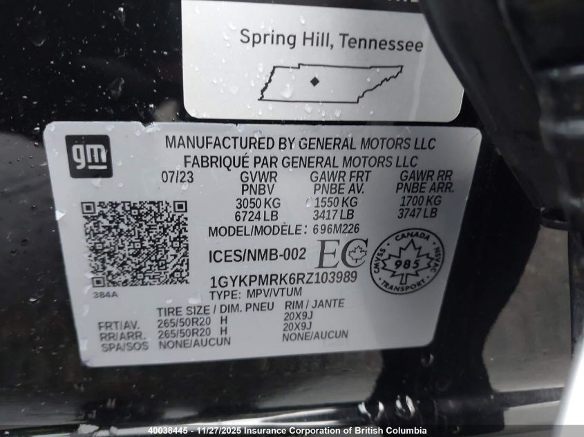 2024 Cadillac Lyriq VIN: 1GYKPMRK6RZ103989 Lot: 40038445